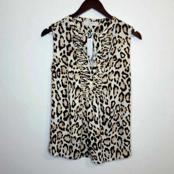 LOFT Leopard Print Ruffle Mixed Media Sleeveless Top Size Small - Picture 1 of 9